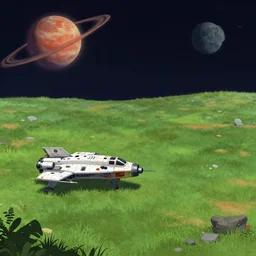next to a small fighter spaceship, landed on a grass field, on an remote planet, from a space themed point and click 2 d graphic adventure game, set design inspired very slightly by hg giger, art inspired by thomas kinkade