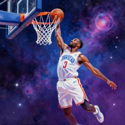 Expressive painting of an NBA player dunking a basketball into the cosmic basket, evokes delight, digital art by Krenz Cushart, trending on artstation
