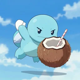 The cool coconut character does a flying sidekick to save the day! Action photo. Highly stylized. Anime.