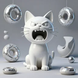 disco pictoplasma, one simple angry screaming ceramic toy Figure cat sculpture, c4d, 3d primitives, in a Studio hollow, by pixar, beeple, by jeff koons, blender donut tutorial,  joints, by jonathan ive, by david lachapelle, simulation
