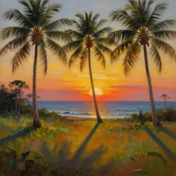 surreal oil painting of a sri lankan landscape at sunset, coconut trees in the foreground, ocean sunset in the background, volumetric lighting, volumetric shadows, realistic oil painting by h. r giger, - h 6 4 0,