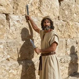 award winning cinematic still of 40 year old Mediterranean skinned man in Ancient Canaanite clothing building a wall in Jerusalem, holding a sword and a chisel, dramatic lighting, strong shadows, directed by Peter Jackson