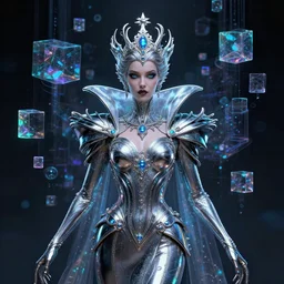 front shot of a magic queen , character, hyperdimensional, bioluminescent hypercubes, dark holography, spectral, chrome, intricate, elegant, highly detailed, centered, artstation, concept art, smooth, sharp focus, artgerm, Tomasz Alen Kopera, Peter Mohrbacher, donato giancola, Joseph Christian Leyendecker, WLOP, Boris Vallejo, mugshot, octane render, nvidia raytracing demo, 8K, digitalblasphemy, metatron