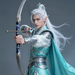 half length portrait of a handsome male snow elf in a turquoise cape and silver ornate armour as an archer, albino skin, ethereal opalescent mist, perfect face, elegant, very coherent symmetrical artwork, atmospheric lighting, rule of thirds, by wenjun lin, krenz cushart, charlie bowater, trending on artstation