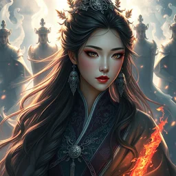 an concept art of the korean queen surrounded by magic guards, long hair, makeup, intricate details, detailed face, detailed dress, one face, artstation, epic pose, colourful light, by kentaro miura and masanori warugai