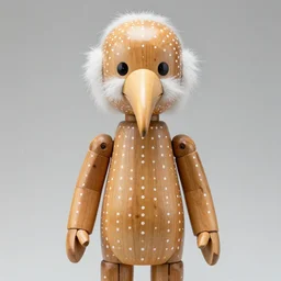 realistic photo of a human model doll made of wood and covered with white dots, with a birds beak instead of the nose, white hairs and fluffy fur, center straight composition, front view 2 0 0 0, life magazine photo, museum archival photo