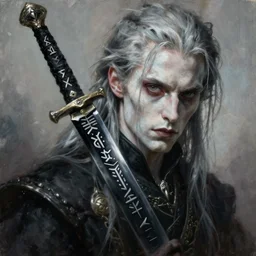 fantasy painting of a pale man with a black blade covered in runes, painted by Bayard Wu, ultra detailed, 8k, insanely detailed