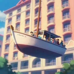 a close up of a boat suspended in mid air next to a hotel building. vibrant colors, soft lighting, adventurous, atmospheric lighting, 8 k, octane render. by makoto shinkai, stanley artgerm lau, wlop, rossdraws, james jean, andrei riabovitchev, marc simonetti, krenz cushart, sakimichan, d & d trending on artstation, digital art.