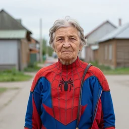 street photograph of a real communist granny spiderman in rural russia