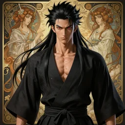 mazoku martial artist, handsome japanese demon boy, young adult yokai with long spiky black hair, vantablack gi, muscular, red eyes, ultra realistic, intricate details, highly detailed, subsurface scattering, photorealistic, octane render, 8 k, art by artgerm, greg rutkowski, magali villeneuve, alphonse mucha