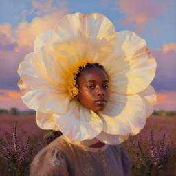 closeup, huge flower as head, an african girl in heather field, surreal photography, golden hour, colorful clouds, impressionist painting, digital painting, artstation, simon stalenhag