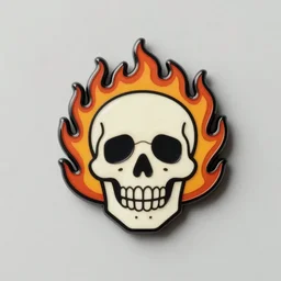 a highly detailed retro minimalistic smiling happy skull with fire flame enamel pin