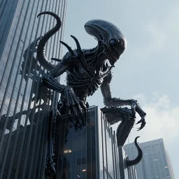 Alien monster, on the side of a skyscraper, black tentacles, horror, digital art, trending on artstation, unreal engine, high quality render