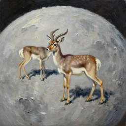 highly detailed painting of antelopes on the surface of the moon by william turner, thick brush strokes and visible paint layers, 4 k resolution