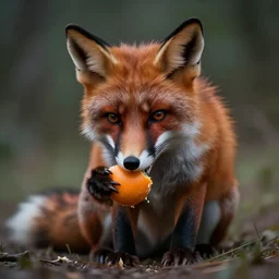 a photo creepy fox humanoid eating an orange