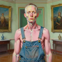 a beautiful and highly detailed painting of an anatomical portrait wearing overalls, inside a grand room lined with paintings, emotionally expressive, oil painting, soft light, pink and green olour palette, cinematic composition, cinematic lighting, sharp focus, masterpiece by shusei nagaoka kaws, david rudnick, airbrush on canvas, pastell colors, cell shaded 8 k