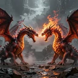 a battle between 2 fire breathing dragons