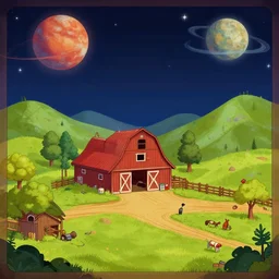 inside a barn, on a farm, on a remote planet, from a space themed point and click 2 d graphic adventure game, art inspired by thomas kinkade