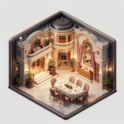 concept art for a video game, inside of a futuristic but classy mansion, style of Mirror\'s Edge and Resident Evil, dining table, isometric perspective