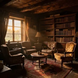 old 1 8 0 0's chalet with old furnitures, old chairs, old library, sunset light through dusty windows, bear rug on the floor, hyperdetailed, artstation, cgsociety, 8 k