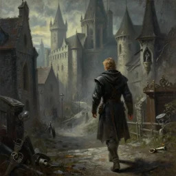 a painting of a cinematic keyframe of walking into a medieval city, by greg rutkowski, rule of three, artgerm, artstation, highly detailed masterpiece, dark fantasy art, high detail