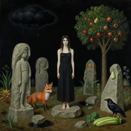 realistic painting of solid black night sky, tall emo girl, forest, stone sculptures, a fox, a pear tree, black clouds dripping black liquid, stones, black puddles, pomegranate tree, bromeliads, herbs, raven, courgettes, berries, zen, sensual, surrealist painting by magritte and monet and kahlo