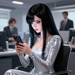 epic professional digital art Manga Key visual of a stunningly attractive witch with straight black hair in a sparkly silver dress looking at her iphone, office background, by Gil Elvgren and Dorian Cleavanger, best on artstation, cgsociety, wlop, Behance, pixiv, cosmic, epic, stunning, gorgeous, much detail, much wow, masterpiece