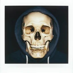 close-up shot of a skull in a hoodie in 80s, Polaroid photo, by Warhol