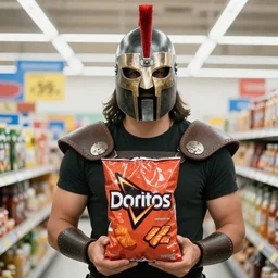 a man wearing a gladiator mask at walmart holding a bag of doritos