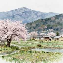 countryside in japan, spring, cherry blossom, mountains, watercolor-wash