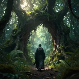 a wise wizard walking through a ravenous, horrific portal to hades embedded in a creepy tree in a densely overgrown, magical jungle, fantasy, dreamlike sunraise, stopped in time, dreamlike light incidence, ultra realistic