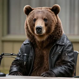 a grizzly bear wearing a leather jacket on the joe rogan podcast