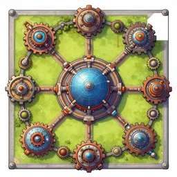 small architectural floor plan gears of war map, symmetrical outpost, circular generator nuclear reactor, colourful