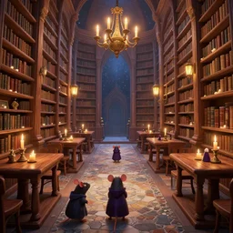 vast library, bookshelves, wooden banks, wooden tables, mosaic stone floor, passages, wizard rats in wizard clothing, cel shading, 3 d art, 3 d cg, digital painting, celestial, majestic, cinematic light, candles, chandelier, lanterns, soft light