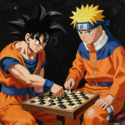 Goku playing chess with Naruto in the space, realistic painting, classical painting, high definition, digital art, matte painting, very detailed, realistic