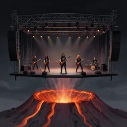 a heavy metal band plays on a stage suspended over a volcano, dramatic digital painting by Karl Kopinski, 4k wallpaper, distressed edges on canvas, demonic beings are cheering for the band, heavy metal album cover