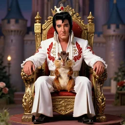 highly detailed, a elvis lookalike chipmunk, as the king of the world, sitting on his throne in his castle, atmospheric lighting, nice composition, art inspired by thomas kinkade