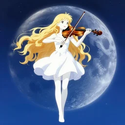 teen, cute, full body, a female with white skin and golden long wavy hair holding a violin and playing a song, heavenly, stunning art style, filters applied, lunar time, night sky, trending art, sharp focus, centered, landscape shot, happy, fleeting dream, simple background, studio ghibly makoto shinkai yuji yamaguchi, by wlop