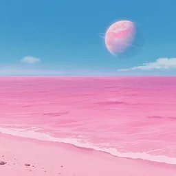 beautiful beach horizon view of the tropical pink ocean on an alien planet, pink vaporwave ocean, clear sky, planet in space over the horizon, trending on artstation, digital art by hayao miyazaki, studio ghibli style