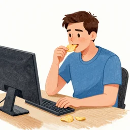 a drawing of a man sitting in front of his computer, eating chips