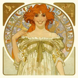 Alphonse Mucha, art nouveau, cardstock, pretty female Hayley Williams Paramore, vampire, fully red eyes, sharp teeth smile, victorian dress, long red hair, full body action pose