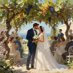 a couple greek mariage under the grapevine. celebration freedom excitement intricate, elegant, highly detailed, digital painting, artstation, concept art, sharp focus, illustration, by justin gerard and artgerm, 8 k
