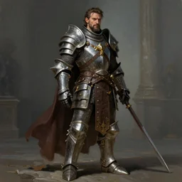 Human Paladin, combed back Brown hair, short beard, grumpy, plate armor, Ivan Aivakovsky, Boris Vallejo, epic fantasy character art, D&D Concept Art, full length, Realistic, Regal, Refined, Detailed Digital Art, Oil Paining, Exquisite detail, post-processing, masterpiece, Cinematic Lighting, Unreal Engine, 8k, HD