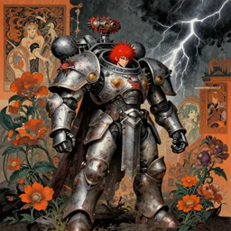 composition of gothic and futuristic, warhammer, cyber japan armor, more scars, many mechflowers, thunderstorm, red head, some orange, the middle ages, highly detailed, artstation, in the style of moebius, jugendstil and classic japanese print, psychedelic, art by jean delville and tim burton