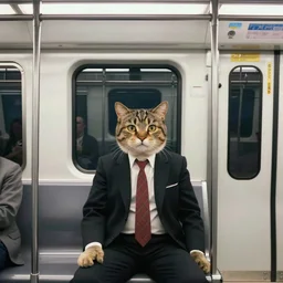 photo of a businessman cat riding a subway train, 1 9 7 0 colour photography