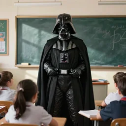 “Darth Vader in school room with kids, painting in the style of Norman Rockwell”