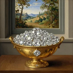a renaissance painting of diamonds in a golden bowl in front of a window with a beautiful outside nature
