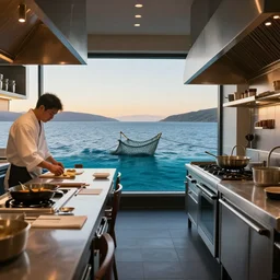 michelin star restaurant interior, kitchen pass an underwater view of pristine scottish seas with trawl net, golden hour
