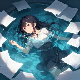 woman drowns in paperwork, unreal engine, visual novel, dichromatism, hard lighting