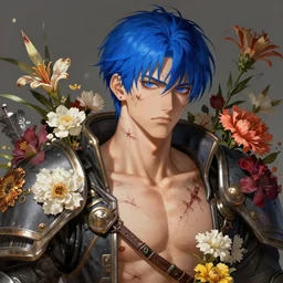 portrait of beautiful young man, warhammer, japanic style, cyberpunk, a lot of scars, more and more flowers, blue head, the middle ages, highly detailed, artstation, illustration, art by jean delville, 8 k quality